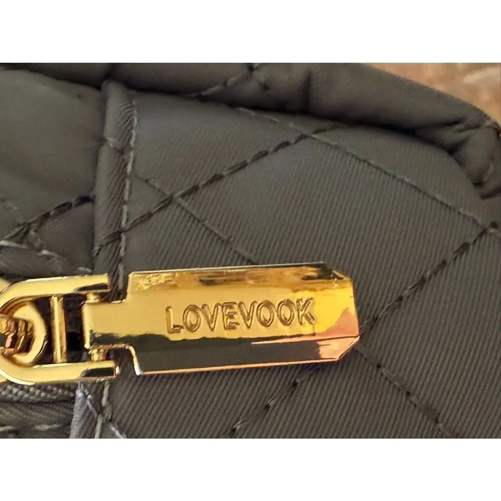 LOVEVOOK Quilted Cosmetic Makeup Bag Grey Nylon Travel Pouch Gold Hardware